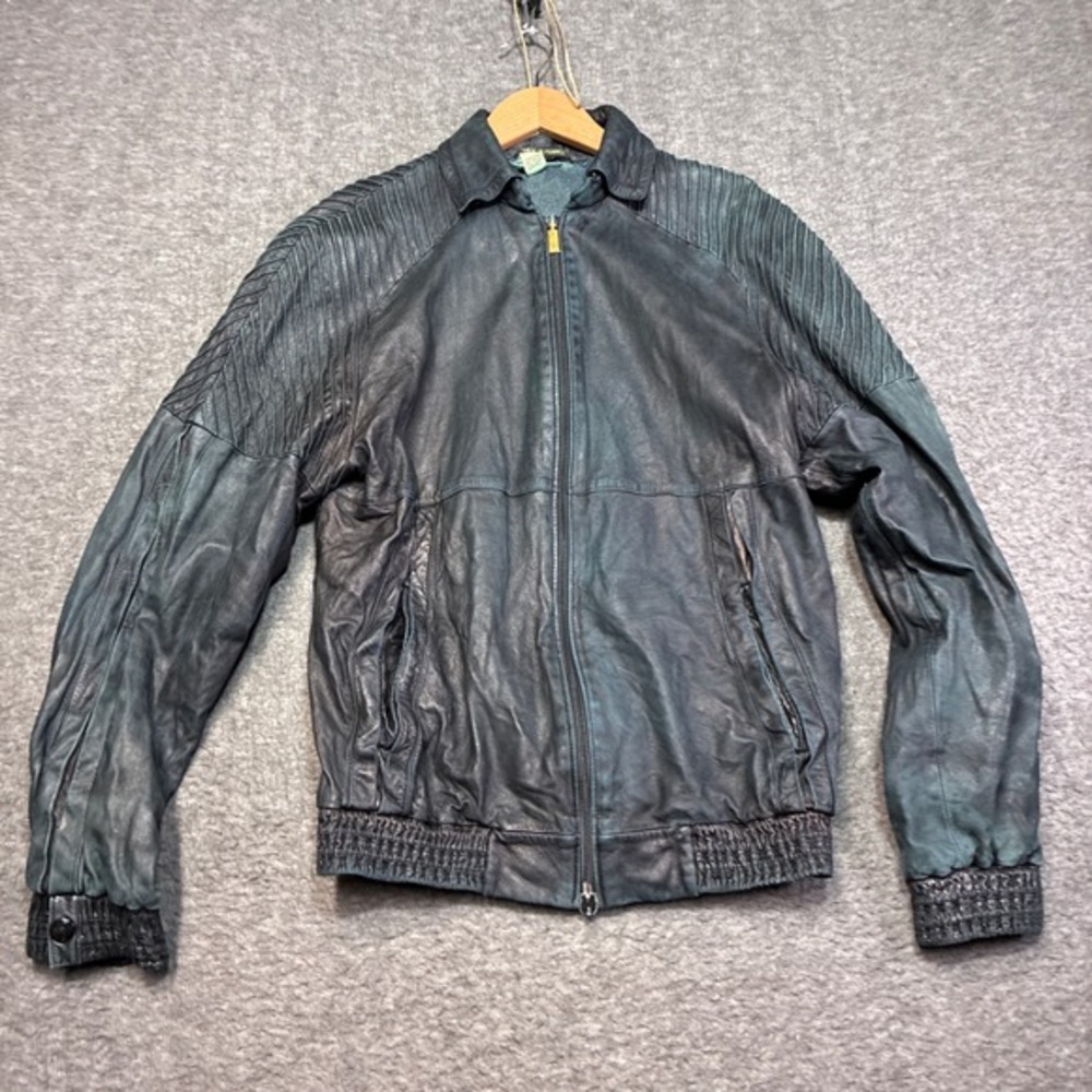 Vintage Zilli Leather Bomber‎ Jacket Men Medium Teal Silk Lined Distressed
